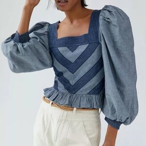 Anthropologie Denim Blue Puff Sleeve Blouse
